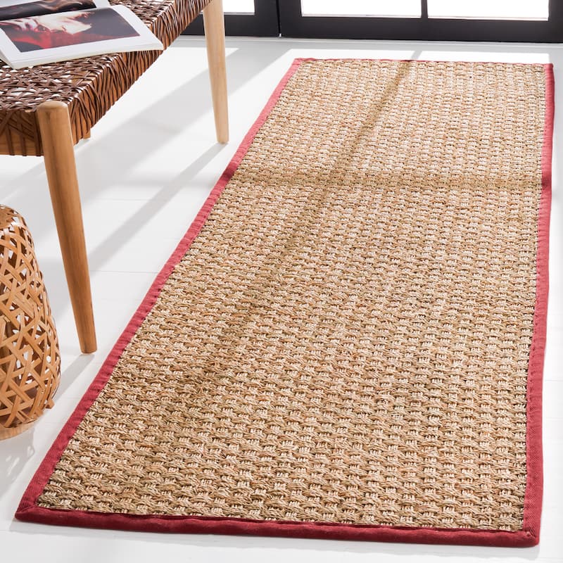 SAFAVIEH Natural Fiber Zymryd Basketweave Seagrass Rug - 2'6" x 8' Runner - Natural/Burgundy Red