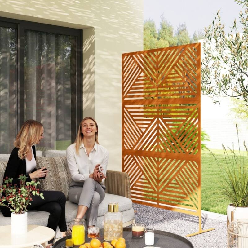 Rhombus Style Brown Outdoor Decorative Privacy Screen with Steel Frame for Garden or Patio - 48" W x 17.7" D x 78" H