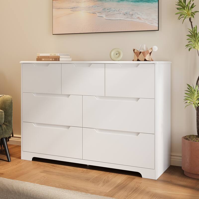 7 Dresser Storage Drawer Units Chest Of Drawers, Dresser With Recessed Distinctive Handles - White
