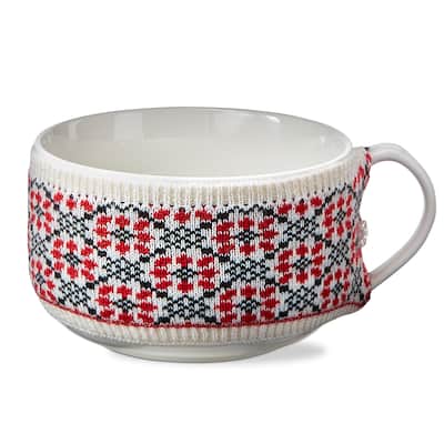 Winter Sketches Red and Blue Print Flower Sweater Mug Covered Bone China Dishwasher Safe Soup Mug 20.0 oz