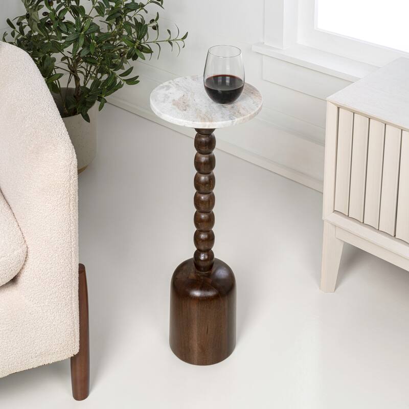 Turner 24.5" Designer Cottage Spindle Wood Drink & End Table, White Marble Top, By JONATHAN Y