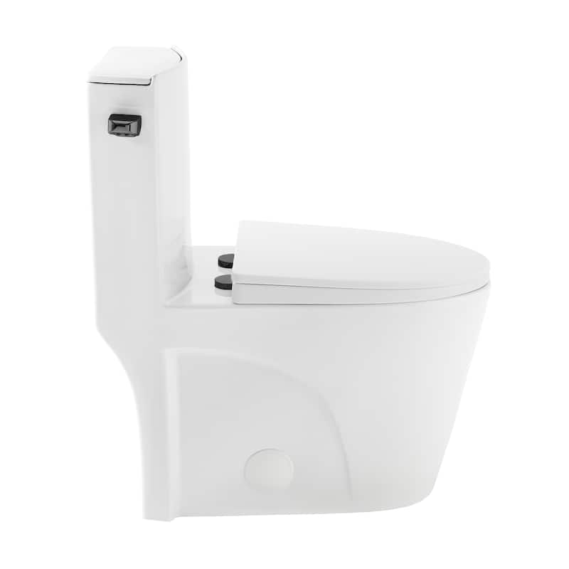 Angers One Piece Elongated Toilet Side Flush 1.28 Gpf With Black Hardware - 27.35" x 15.75" 30.3"