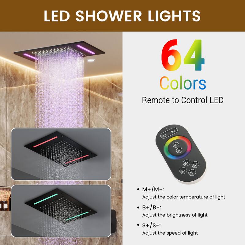 Double Handles 2-Spray 20 in. x 14 in. Ceiling Mount 64-Color LED Shower Faucet 2.5 GPM with Adjustable Slide Bar