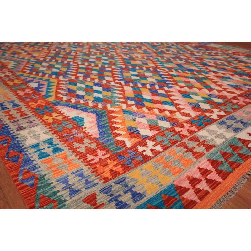 South Western Style Kilim Area Rug Hand-Woven Multi-Color Wool Carpet - 8'1" x 9'10"