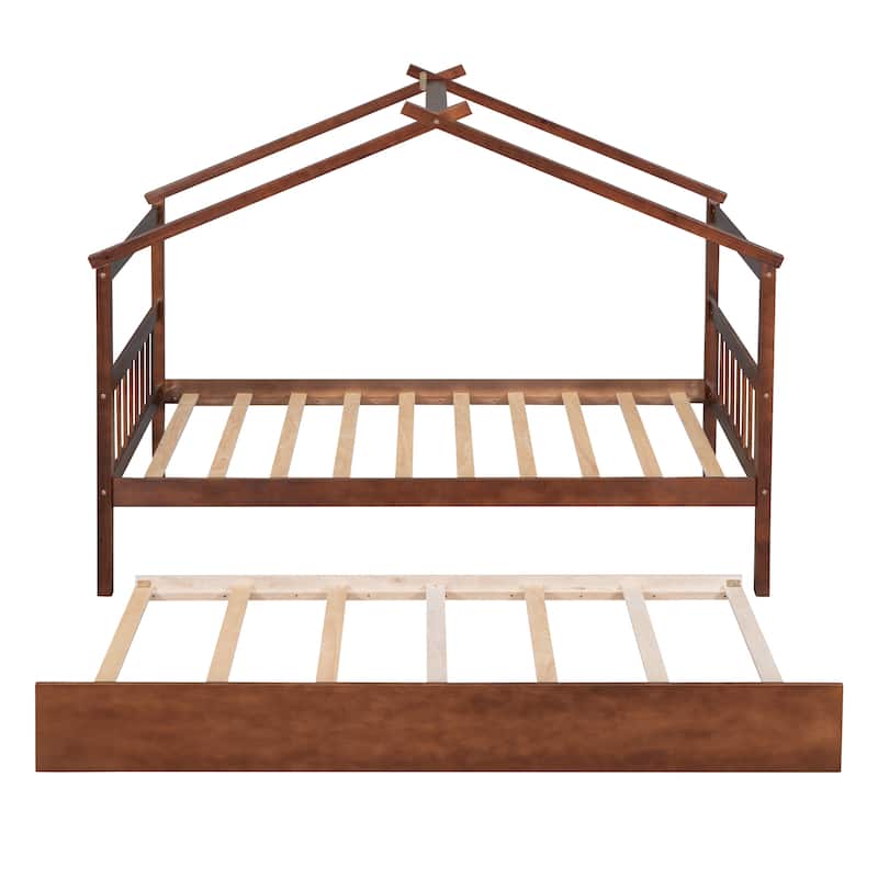 Solid Wooden House Bed with Twin Size Trundle