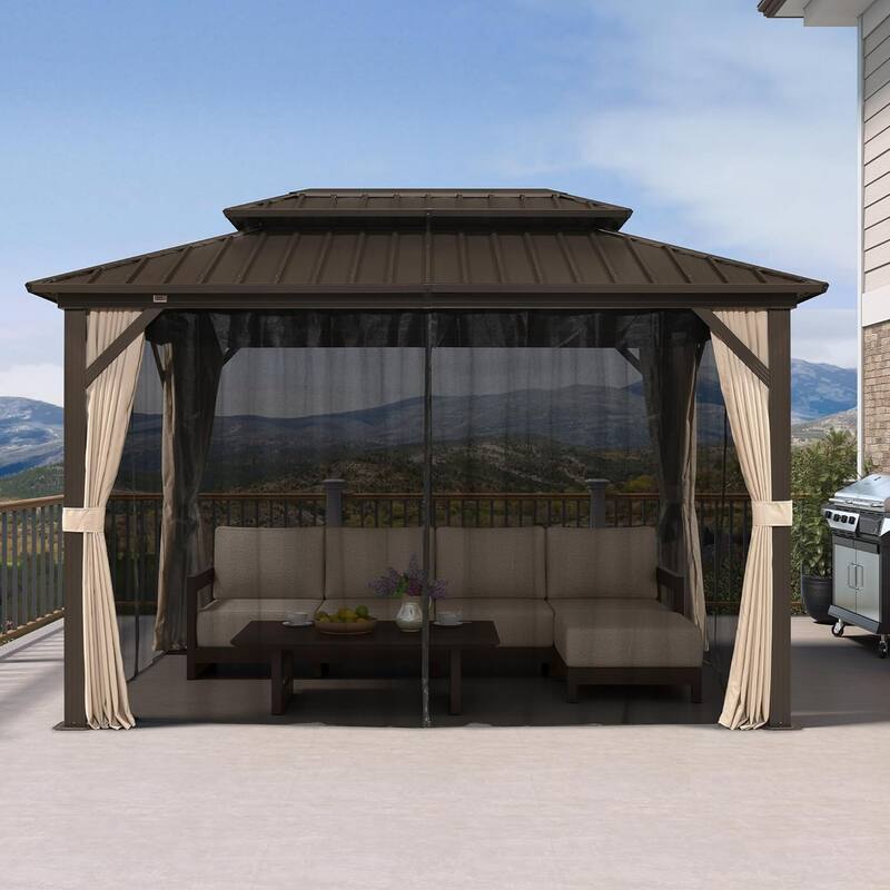 PURPLE LEAF Gazebo Outdoor Gazebo with Dual-Layer Galvanized Steel Double Roof Aluminum Gazebo with Netting and Curtains Bronze