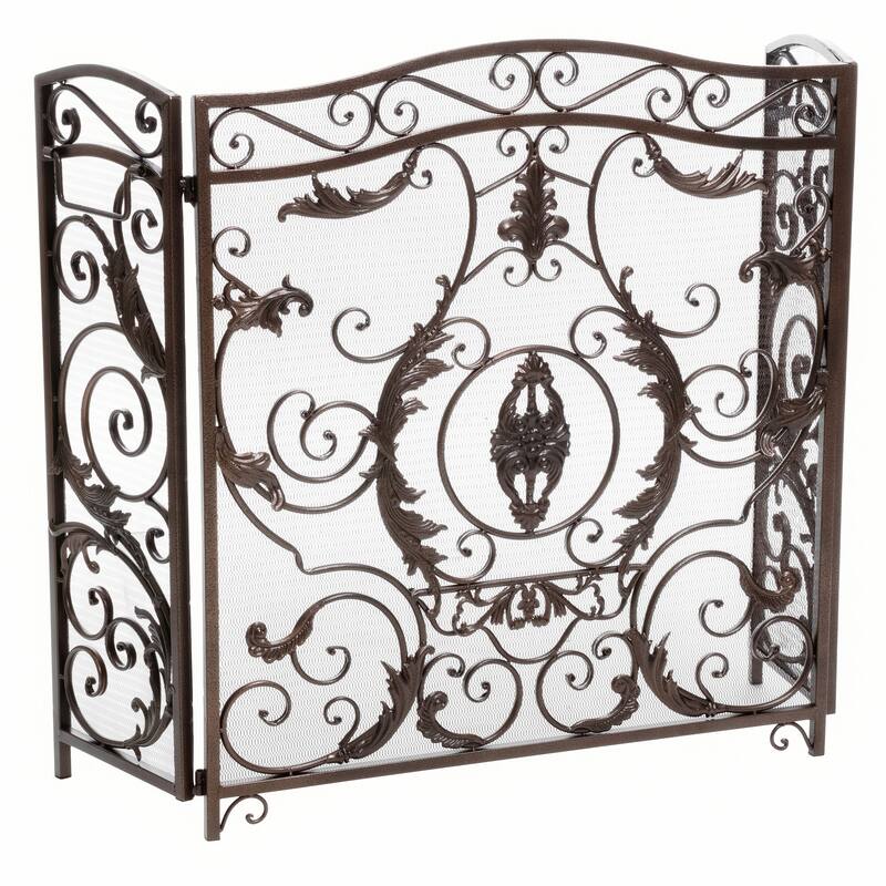 Roomfitters 3-Panel Fireplace Screen, Ornate Scrollwork Spark Guard, Decorative Mesh Metal Fireguard Cover, Black+Gold