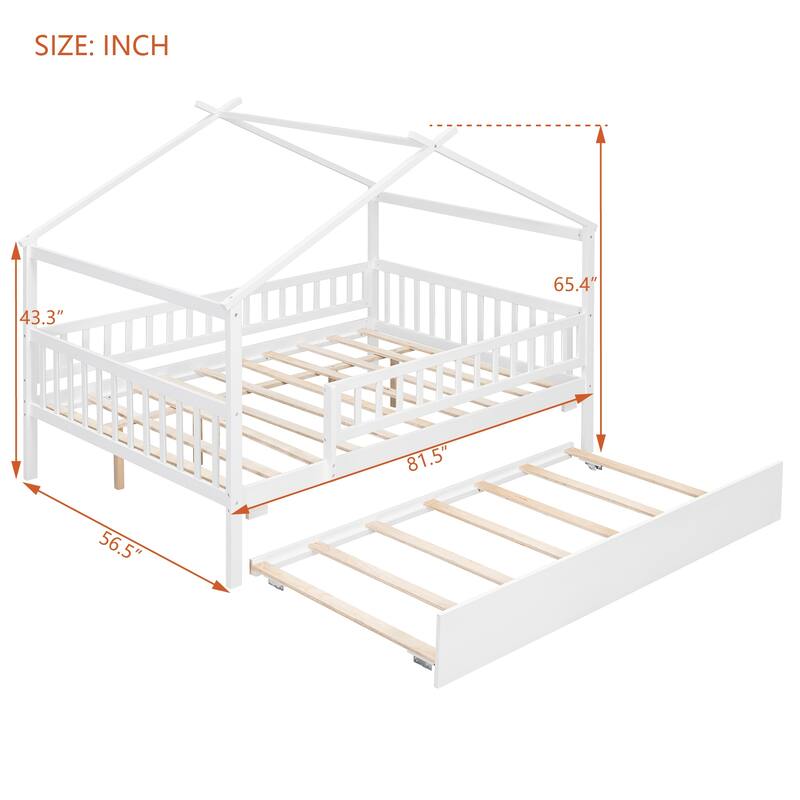 Montessori Bed House Bed with Trundle Bed and Headboard, Wood Daybed Platform Bed Frame No Box Spring Needed for Boys Girls