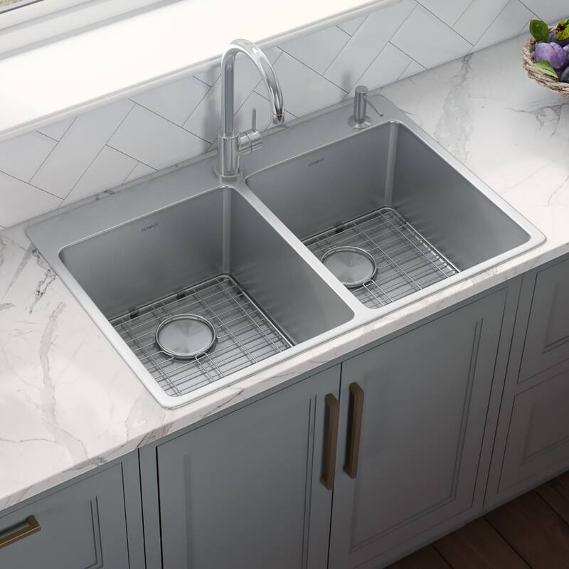 Ruvati 33 x 22 inch Drop-in Topmount Kitchen Sink 16 Gauge Stainless Steel 50/50 Double Bowl - RVM5150 - 8' x 11'