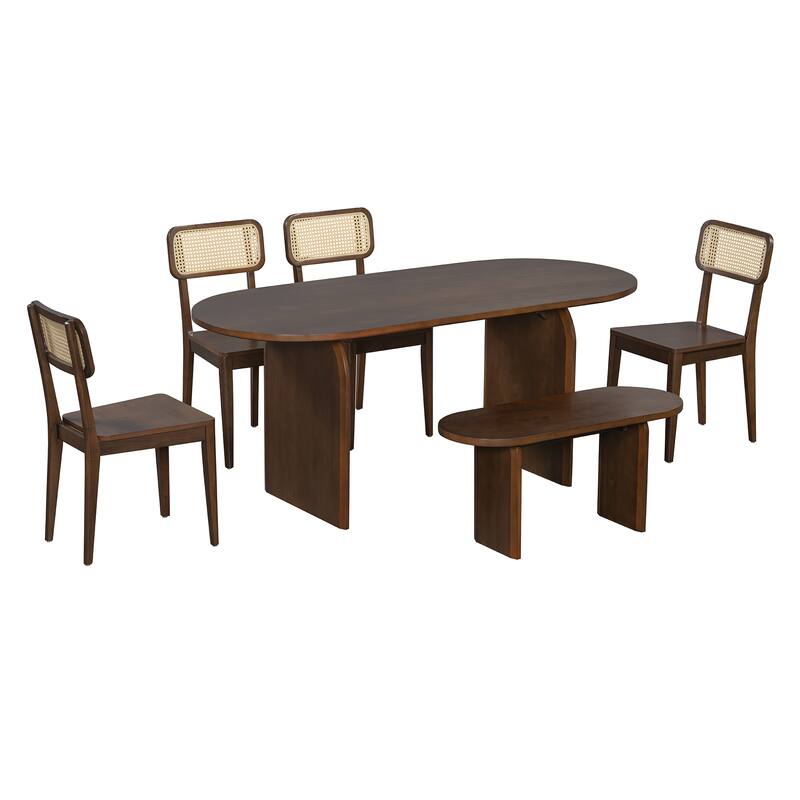 6 Piece Dining Table Set with Bench,Oval Kitchen Table Chairs Set for 6, Modern Style Dining Room Set