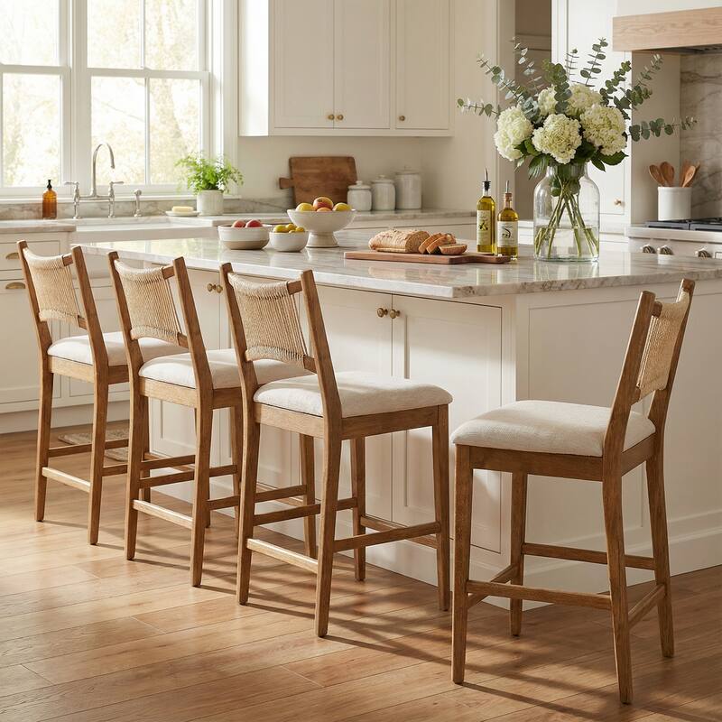 Christopher Knight Home - Arno Mid-Century Modern Upholstered Counter Stool with Rope Back and Solid Wood Frame Set - 21"W - Set of 4 - Walnut Finish+Beige+Beige Rope