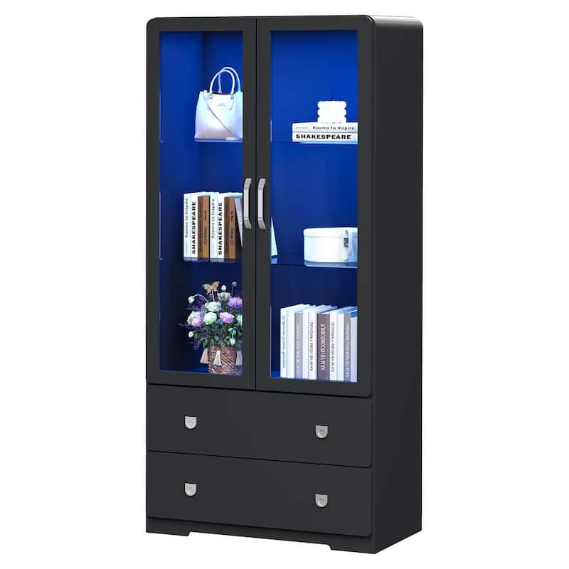 64'' Tall Display Cabinet with Acrylic Doors and LED Lights - N/A