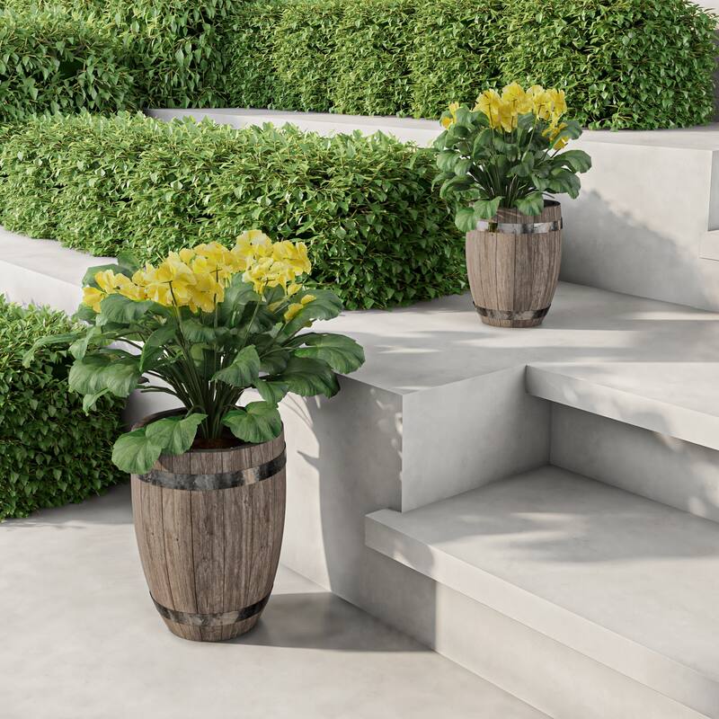 Set of 2 Fiber Clay Planters by Pure Garden - Whiskey Barrel Shape, Dark Gray