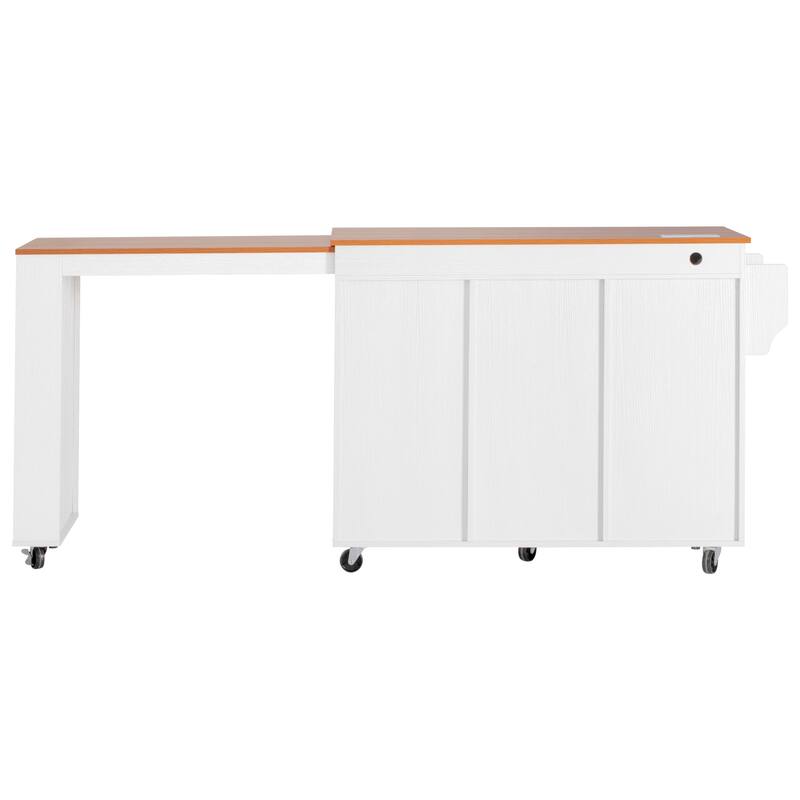 Kitchen Island with Extendable Dining Table & Power Outlet, Rolling Kitchen Island with 3 Side Open Shelves, 3 Drawers & 2 Doors