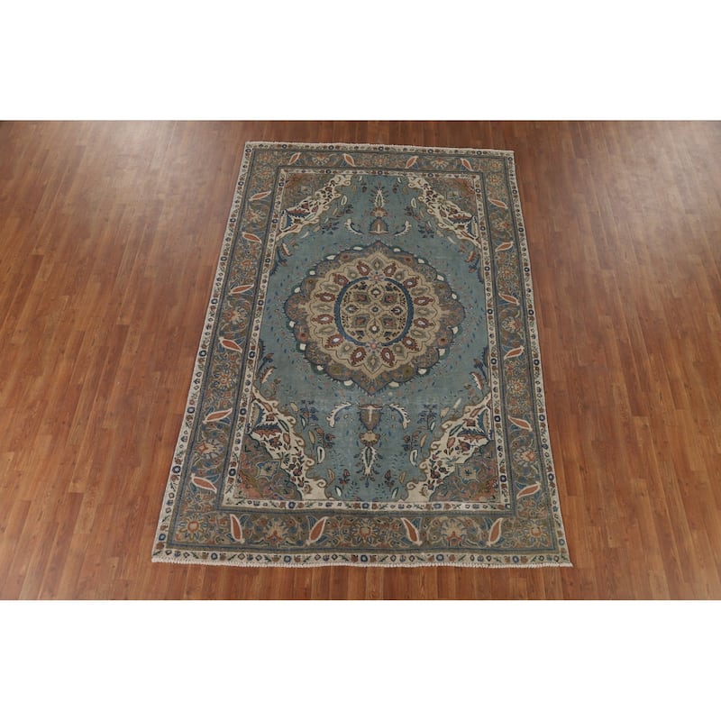 Blue Tabriz Vintage Persian Area Rug Handmade Traditional Wool Carpet - 6'4" x 9'5"