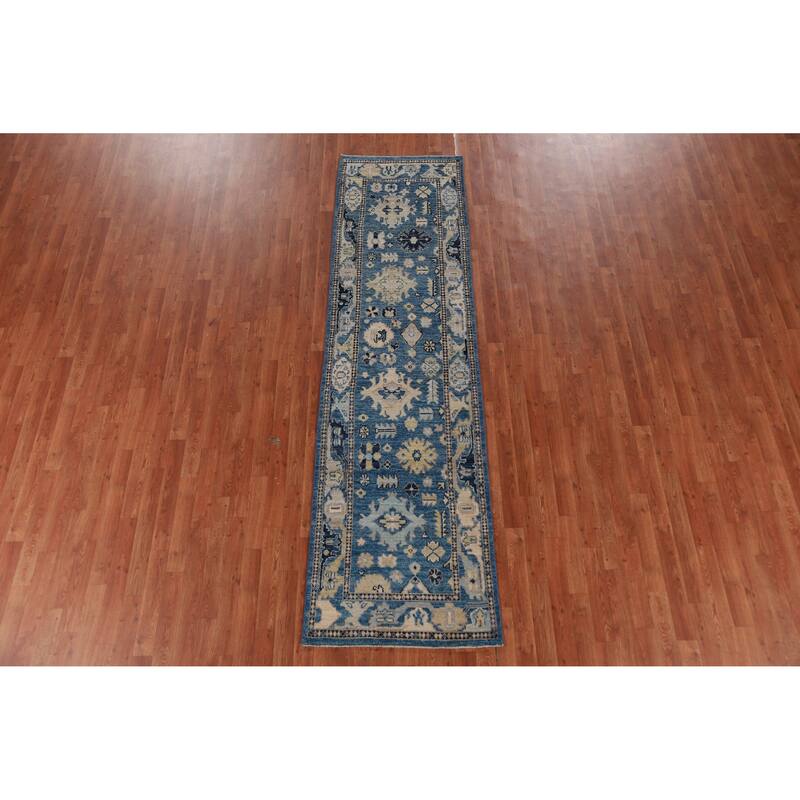 Hand Knotted Oriental 100% Wool Carpet Transitional All-Over Navy Blue & Blues Oushak Runner Rug - 9' 8'' X 2' 7''