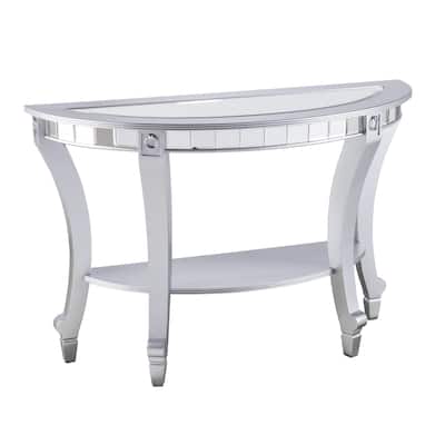 Silver Mirrored Glass Half Circle Console Table with Shelf and Wood Base - 46” L x 18” W x 30” H