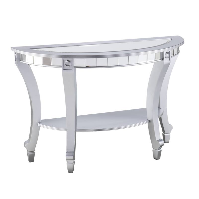 HomeRoots 46" Silver Mirrored Glass Half Circle Console Table With Storage - 46.00 in. x 30.00 in. x 18.00 in.