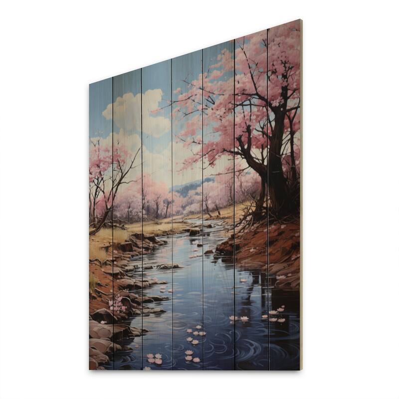Designart "Japon Art Sakura Dream Pink And Blue IV" Japanese Print on Natural Pine Wood