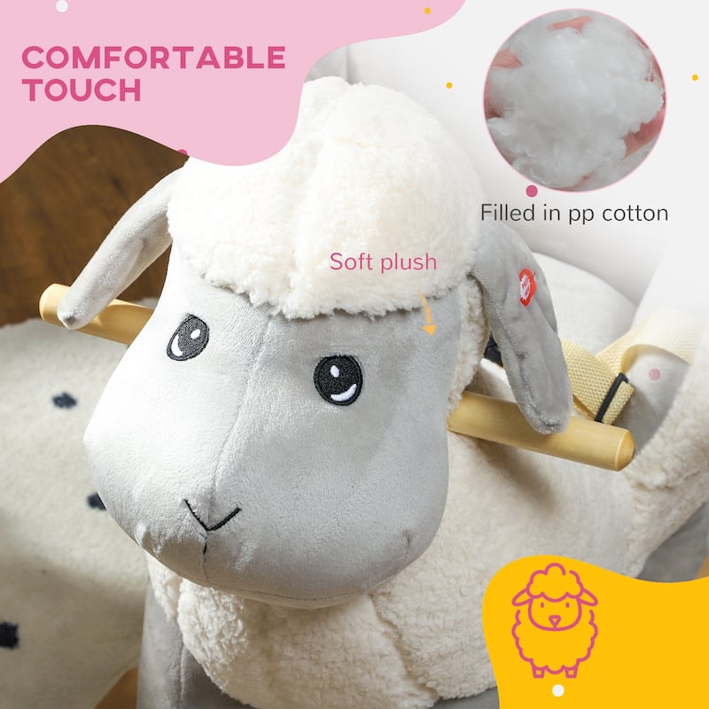 Grey Lamb Rocking Horse for Toddlers with Sound and Soft Plush Seat Safety Belt Foot Pedals - 26.8" L x 13.8" W x 21.7" H