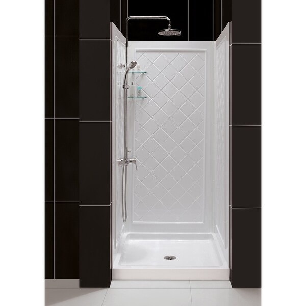 DreamLine 32 in. D x 32 in. W x 76 3/4 in. H Single Threshold Shower Base and Acrylic Backwall Kit - 32" x 32". Opens flyout.