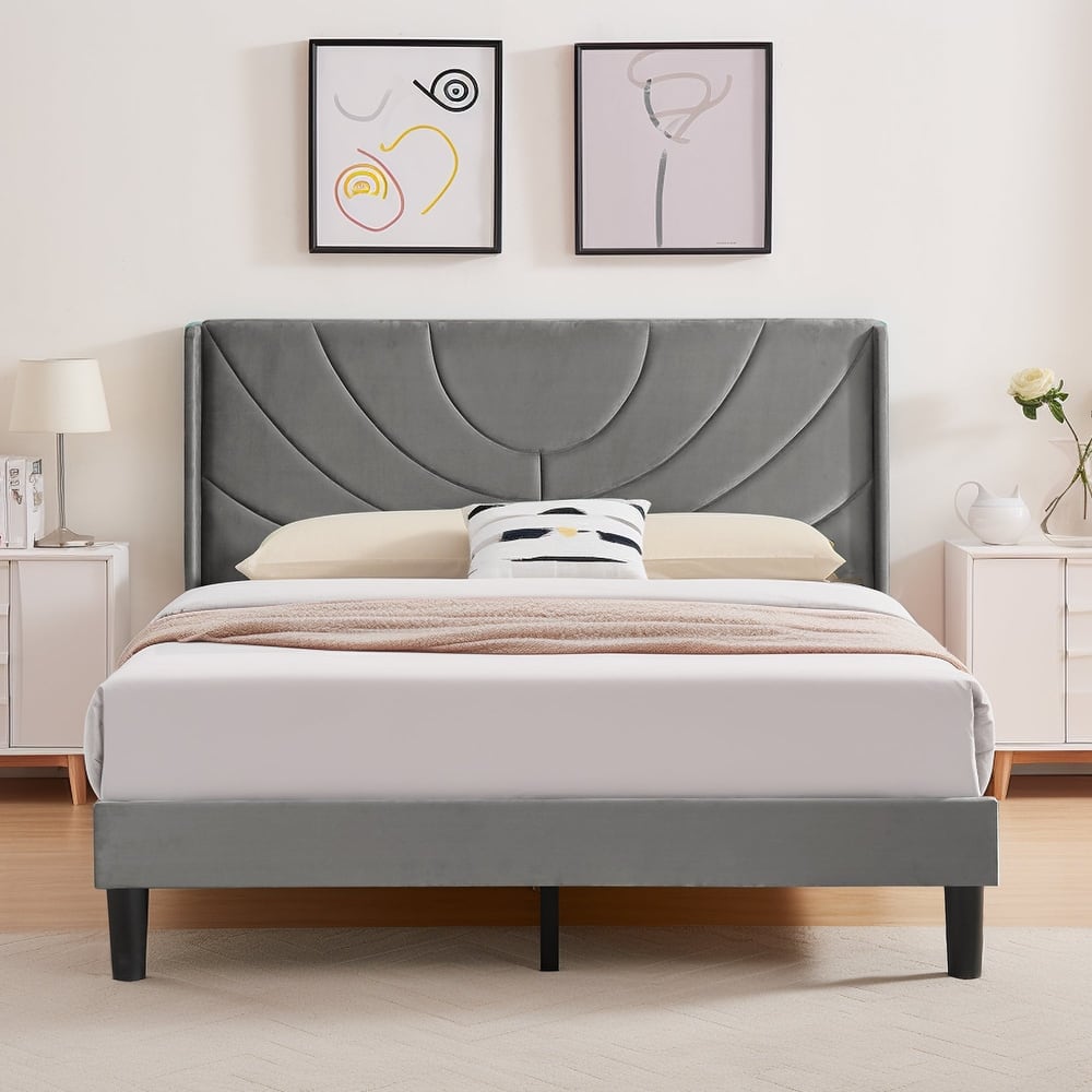 Javlergo Adjustable Dark Grey Platform Bed Frame with Modern Wingback Headboard No Box Spring Needed Heavy Duty Bed Frame