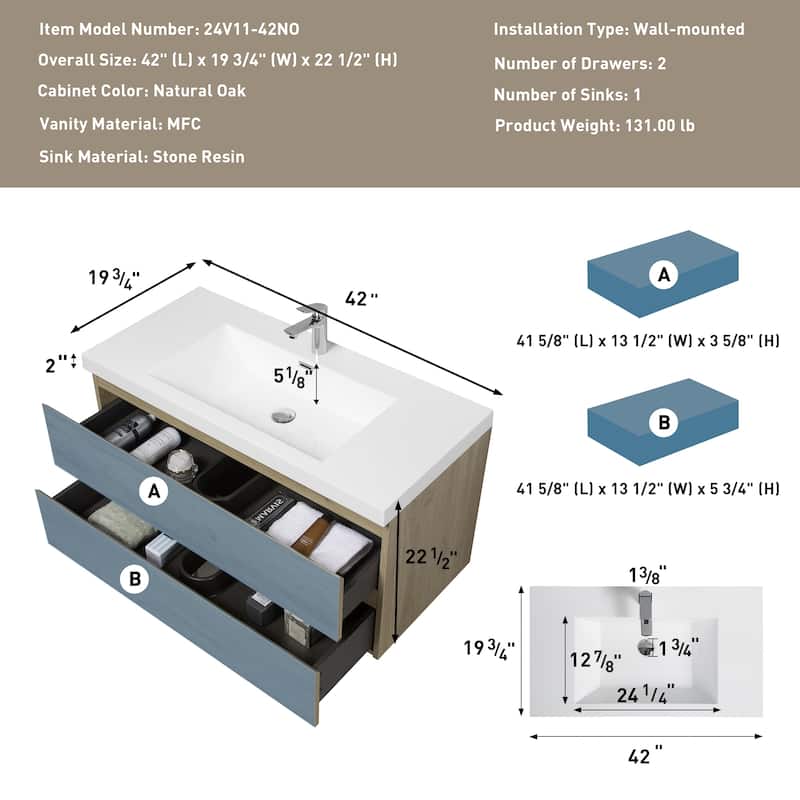 42" Floating Bathroom Vanity with Sink, Wall-Mounted Modern Storage Cabinet, Resin Countertop, Soft Close Drawers