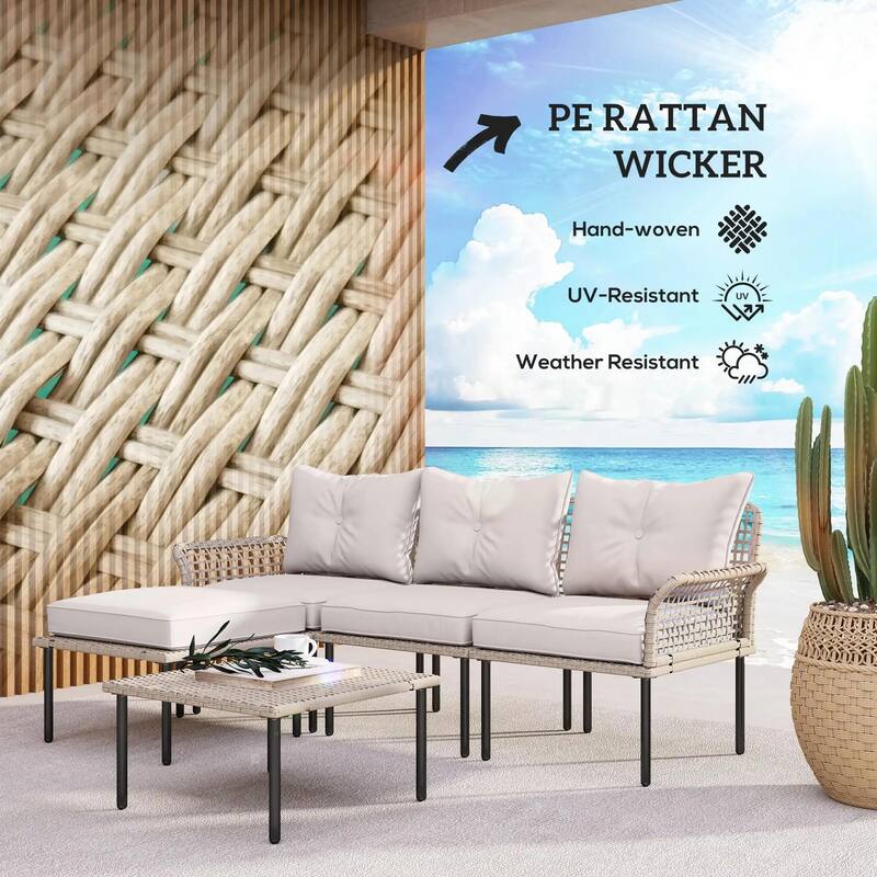 5PCS PE Rattan Patio Set, Sofa Chaise Coffee Table, White Weatherproof