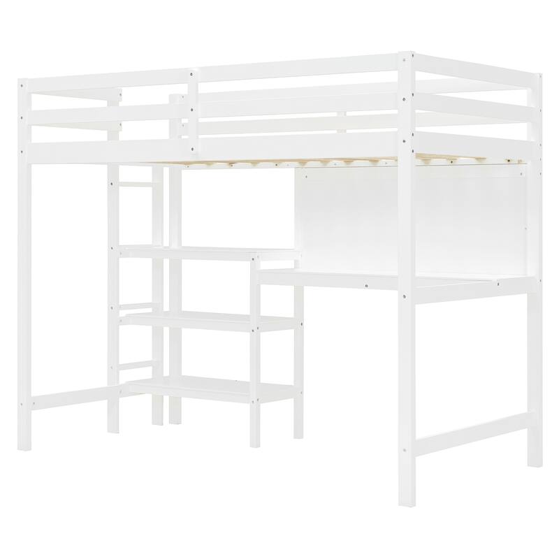 Twin Size Wooden Loft Bed with Desk, Shelves, and Writing Board