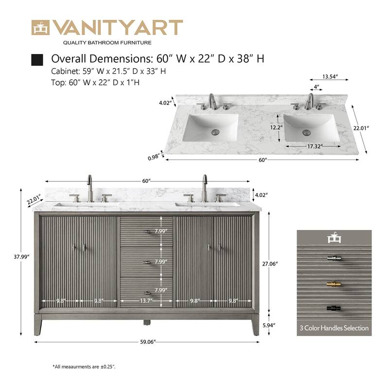 Vanity Art 60" Freestanding Bathroom Vanity with Engineered Marble Top and Sinks