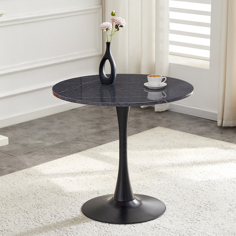 Round Dining Table, 31.5" Circle Tulip Table with Thickened Tabletop & Metal Pedestal, Mid Century Modern Bistro Table - Black+Gery