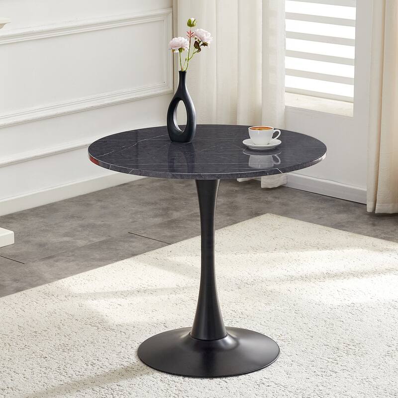 Round Thickened Table Top Coffee Table, Metal Pedestal Side Table Modern Bistro Table - Black Gery - 31.5"