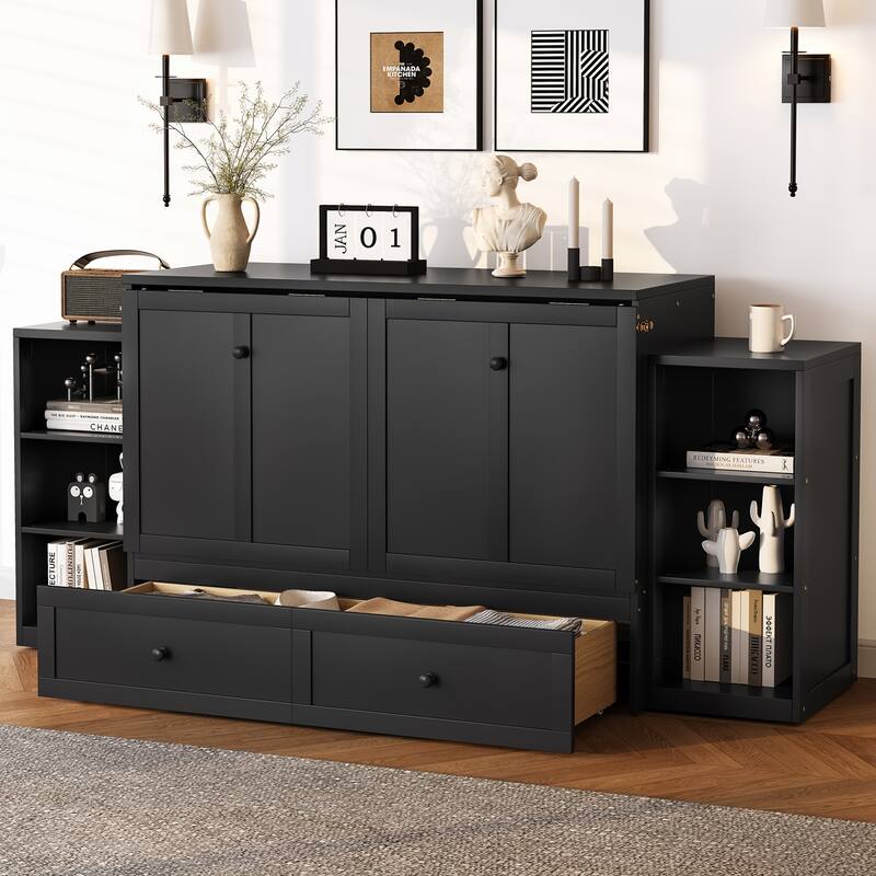 Full Size Murphy Bed with Spacious Storage Drawers and Shelves. Ideal for Guest Rooms or Compact Bedrooms