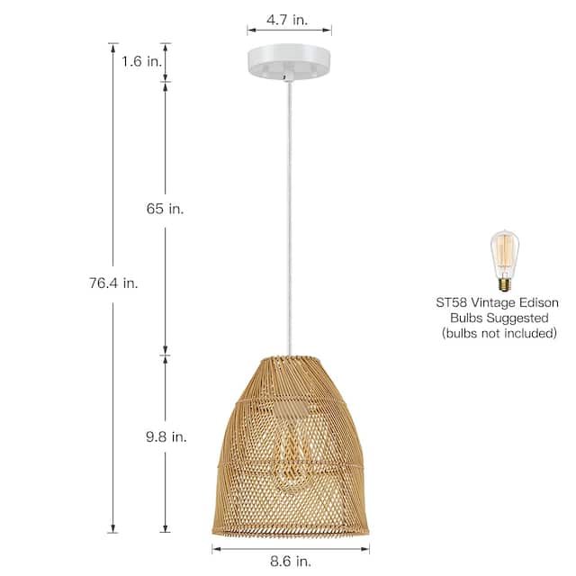 True Fine Eclectic Natural Rattan Bell Island Mini Pendant Light with White Hardware - 8.6 in. W