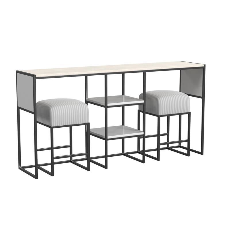 Cortney's Collection Perry Sofa Table with Stools, White and Gray Stripe