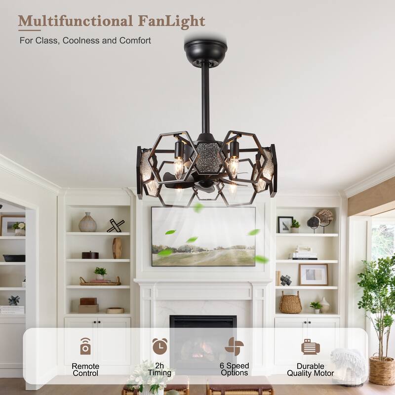 CurveCurio 20" Chandelier Ceiling Fan w Textured Glass Accent, 6 Lights Quiet DC Motor 6 Speed w Remote Control