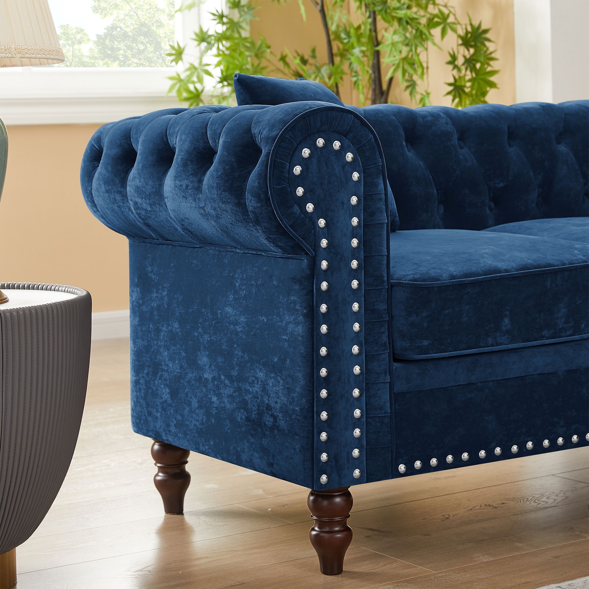 80 Velvet Chesterfield L Shaped Sofa Set with Deep Button Tufted Upholstery Roll Arms and 3 Pillows Included Grey