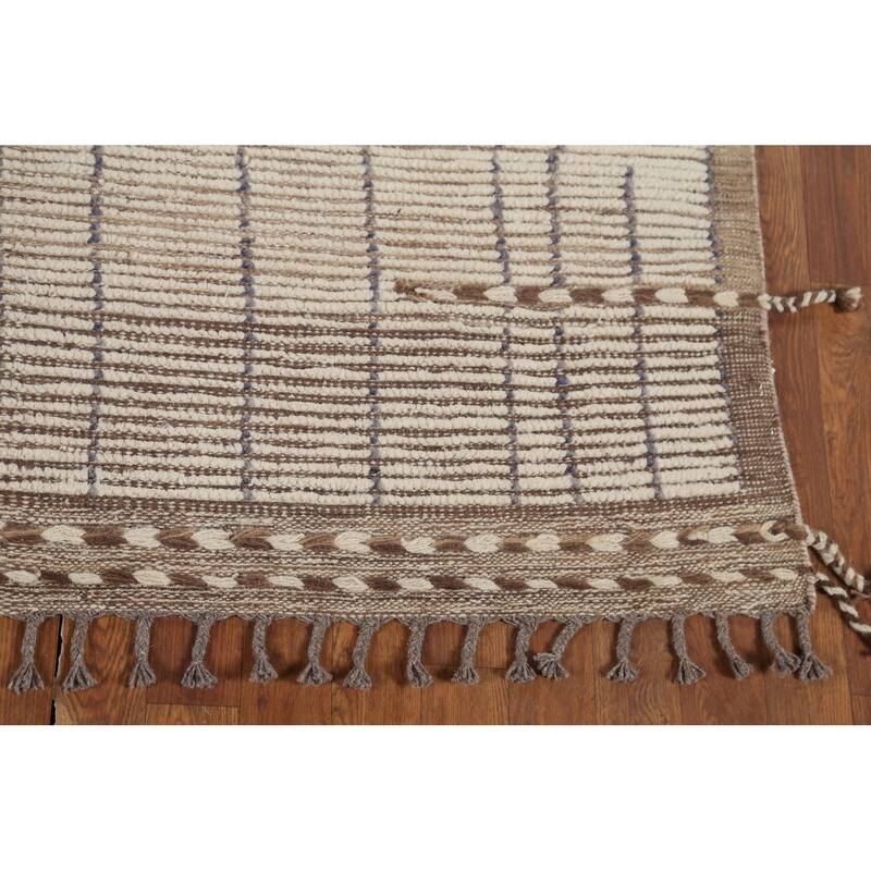 Beige Moroccan Striped Rug Hand-Knotted Wool Carpet - 5'8"x 9'11"