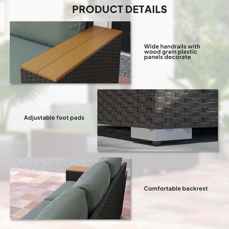 Outsunny 3-Seat Patio Sofa with Cushions, PE Rattan Outdoor Couch with Wood Grain Wide Armrests for Porch