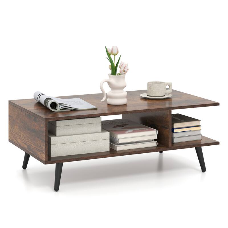 Modern 2-Tier Wood Coffee Table with Open Storage Shelf and 4 Metal Legs for Living Room - 31.5" x 18" x 12"