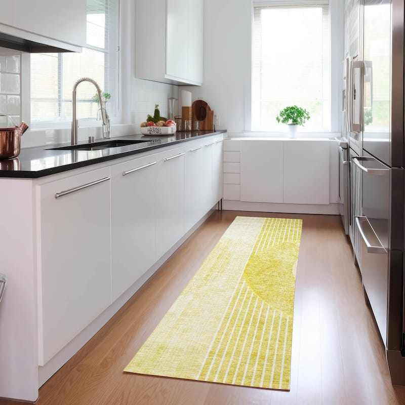 Machine Washable Indoor/ Outdoor Chantille Contemporary Geo Rug - Wheat - 2'3" x 7'6"
