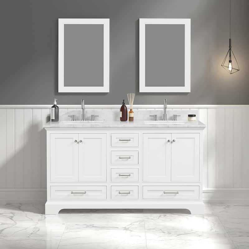 Blossom Copenhagen 60" Double Vanity with Marble Top, Sinks & Mirror - MatteWhite