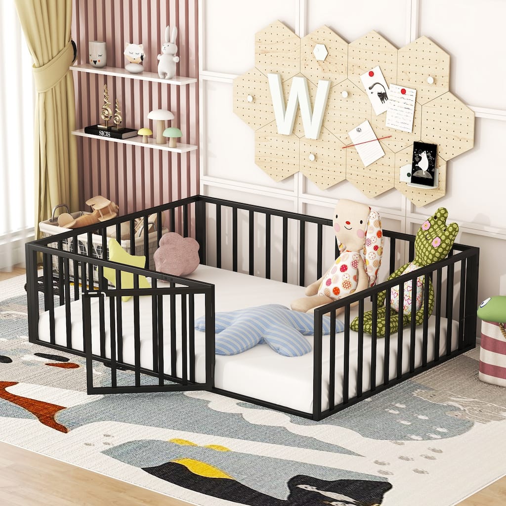 Black Full Size Metal Floor Bed Frame with Fence and Door for Kids, Boys and Girls, Bedroom