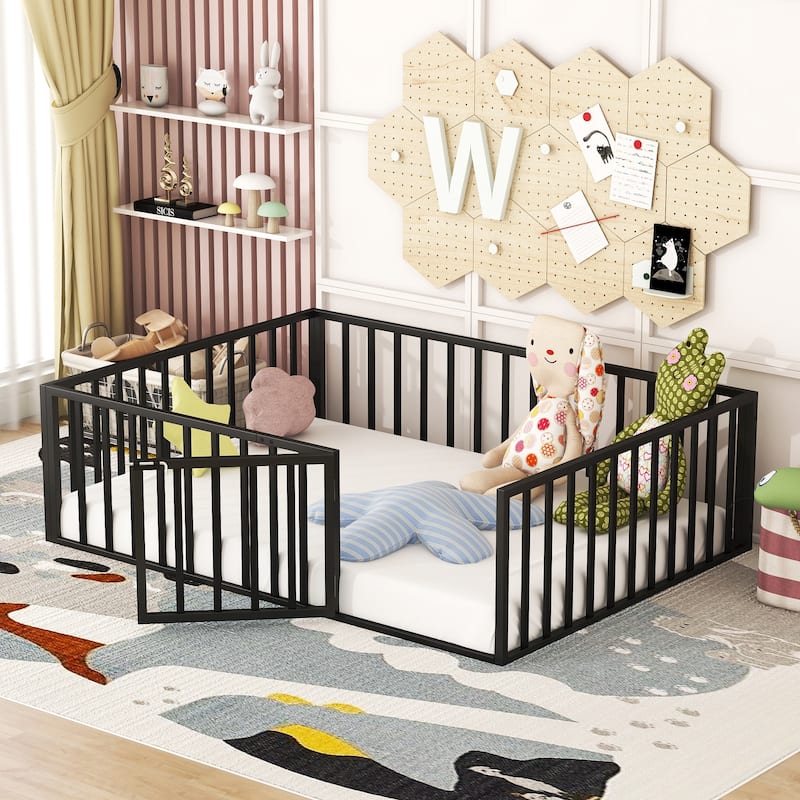 Full Size Metal Floor Bed Frame with Fence and Door for Kids, Boys and Girls, Bedroom - Full - Black