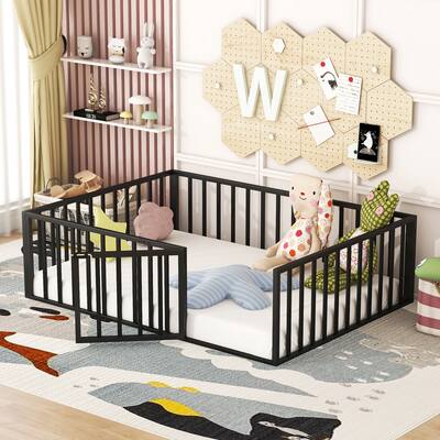 Full Size Metal Floor Bed Frame with Fence and Door