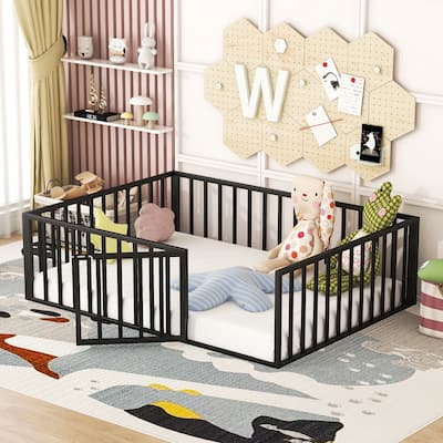 Roomfitters Full Size Metal Floor Bed Frame with Fence and Door