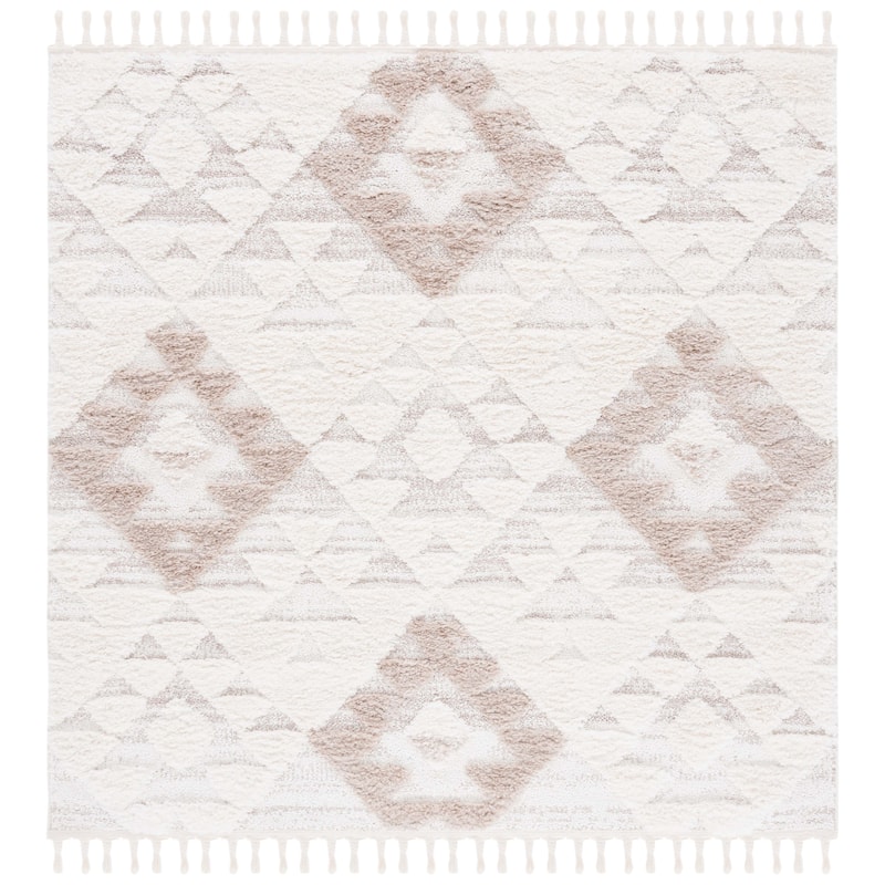 SAFAVIEH Moroccan Tassel Shag Delores 2-inch Thick Rug - 4' Square - Ivory/Beige