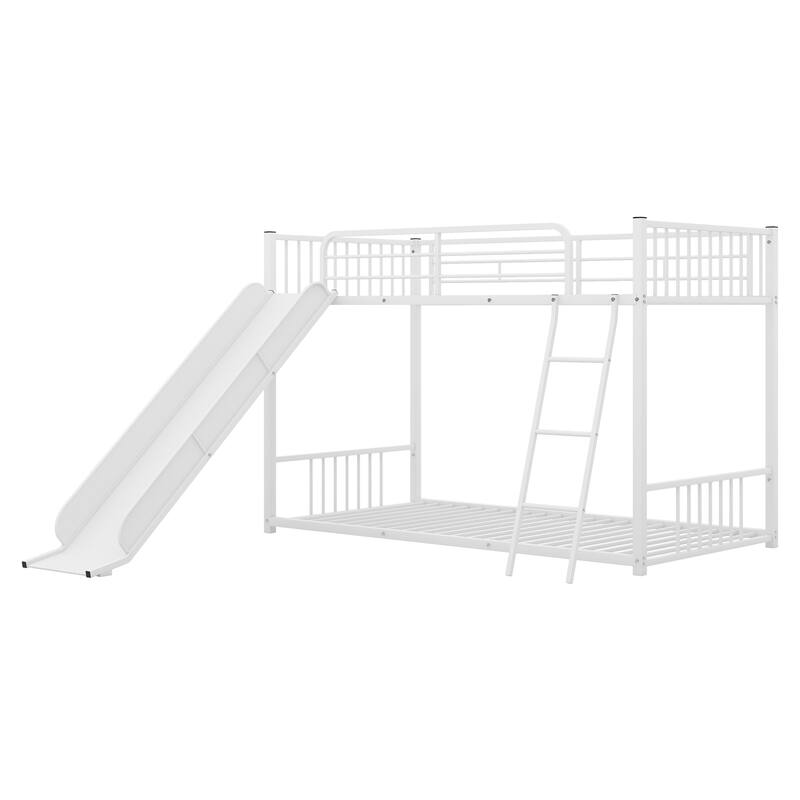 Twin Over Twin Metal Bunk Bed with Slide and Ladder for Kids, White