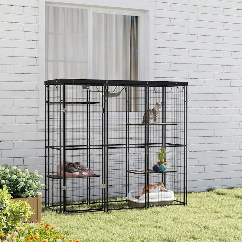 PawHut Weld Wire Catio Outdoor Indoor, Cat Enclosure with Waterproof Cover, 4 Jumping Platforms, Hammock, Black