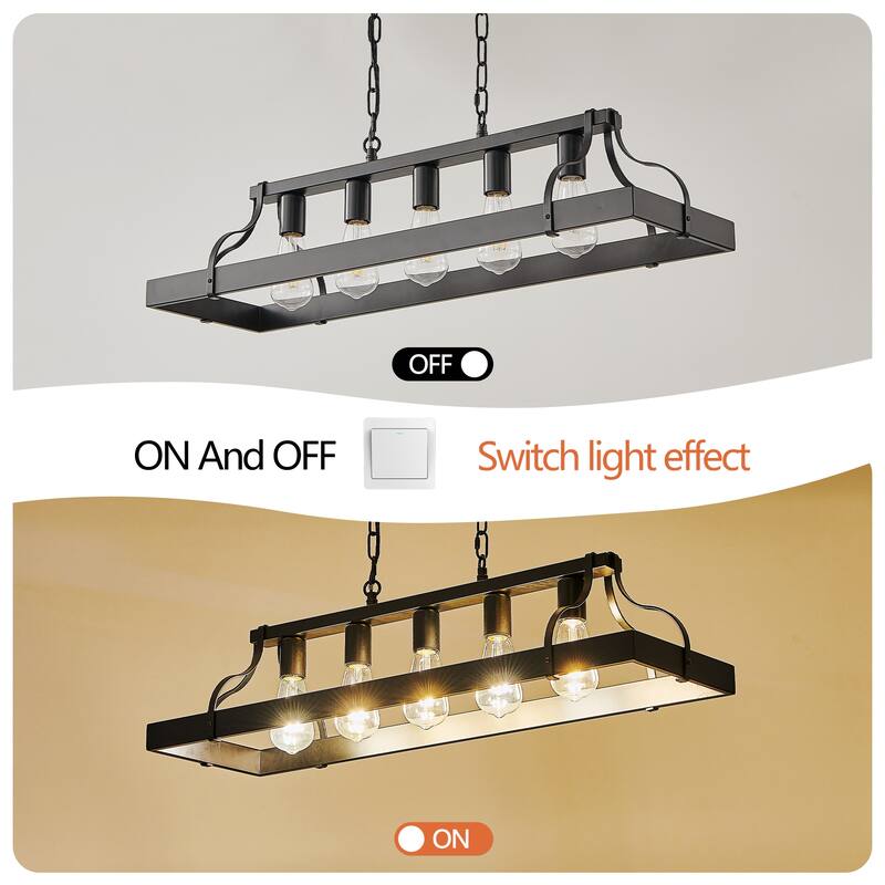 34" Linear Industrial Pendant Light – 5-Bulb Adjustable Farmhouse Chandelier for Kitchen Islands (Bulbs Not Included)‌